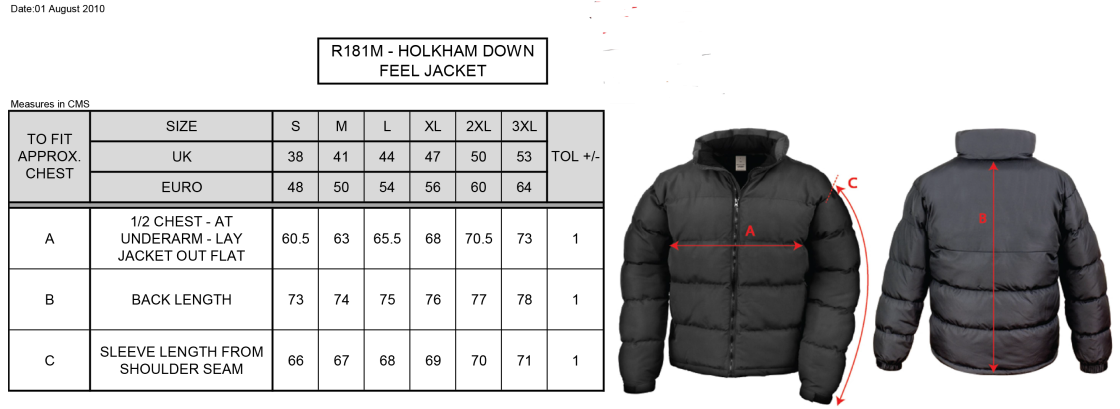 Kingswinford - Holkham Down Feel Jacket - Men's Fit - Size Guide