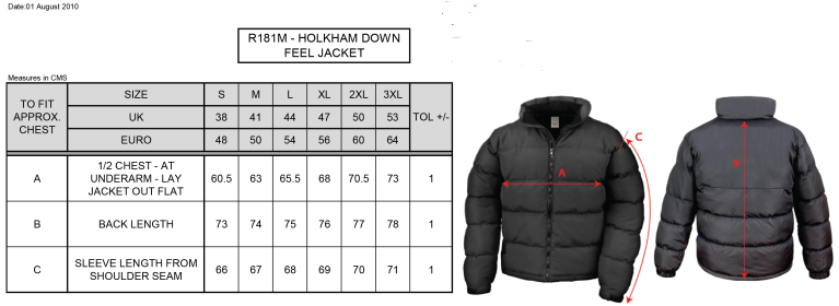 Kingswinford - Holkham Down Feel Jacket - Men's Fit - Size Guide