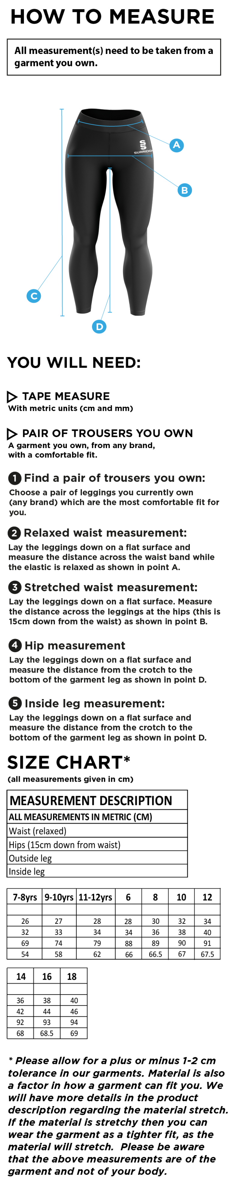 Kingswinford - Performance Full Length Leggings - Size Guide