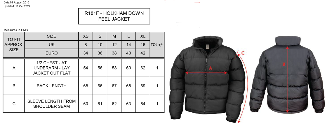 Kingswinford - Holkham Down Feel Jacket - Women's Fit - Size Guide