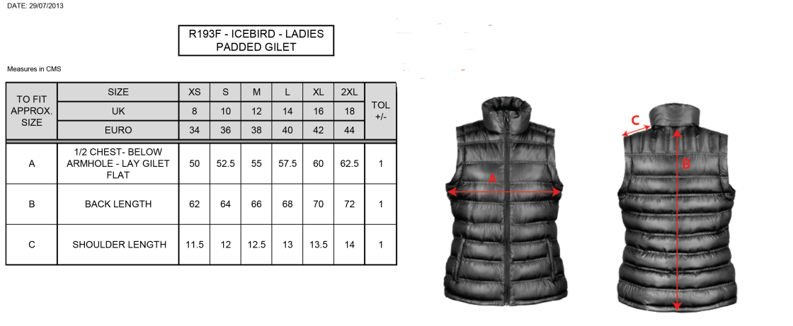 Kingswinford - Women's Padded Gilet - Size Guide