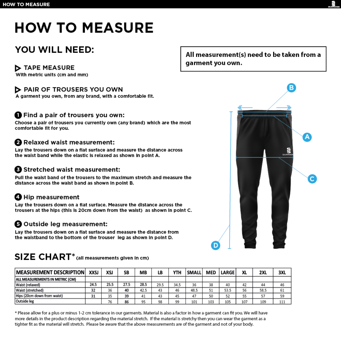 Kingswinford - Tek Slim Training Pants - Size Guide