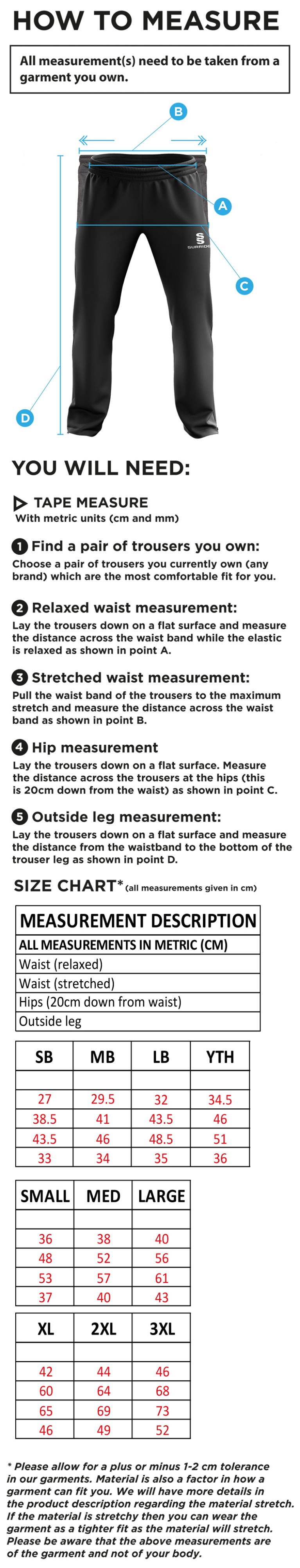 Kingswinford - Rip Stop Track Pant - Size Guide