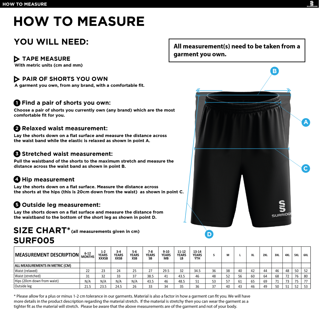 Kingswinford - Match Shorts - Size Guide