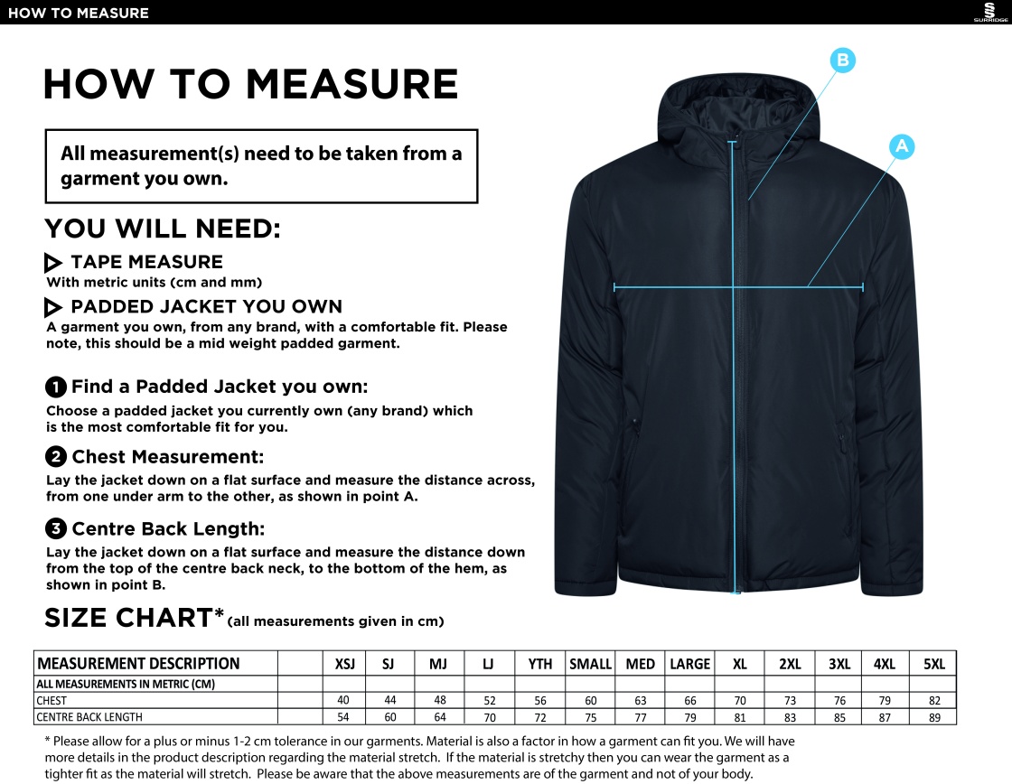 Kingswinford - Ct Padded Jacket - Size Guide