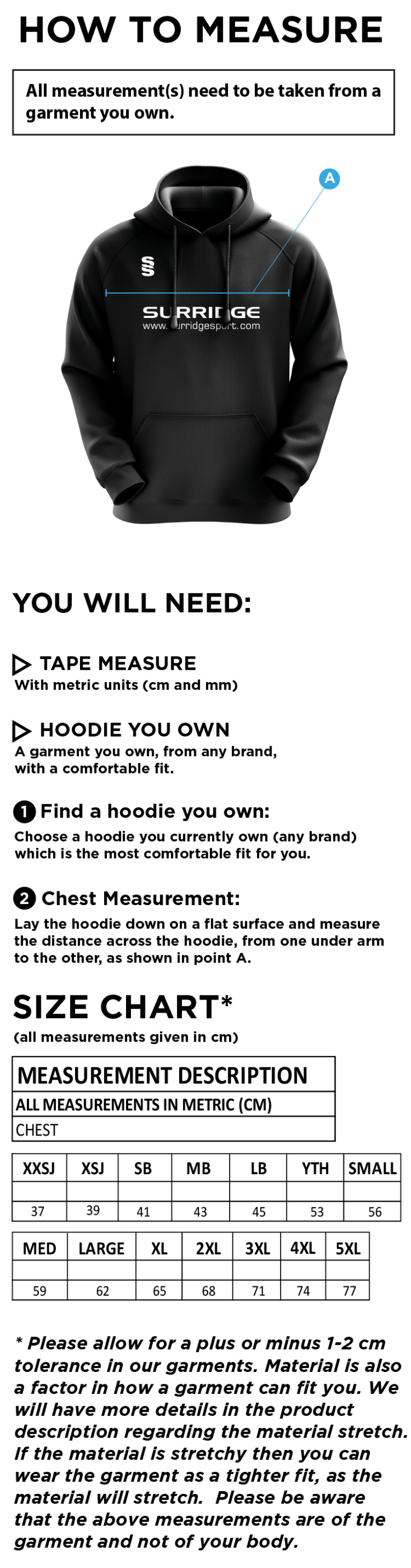 Kingswinford - Women's Fuse Hoody - Size Guide