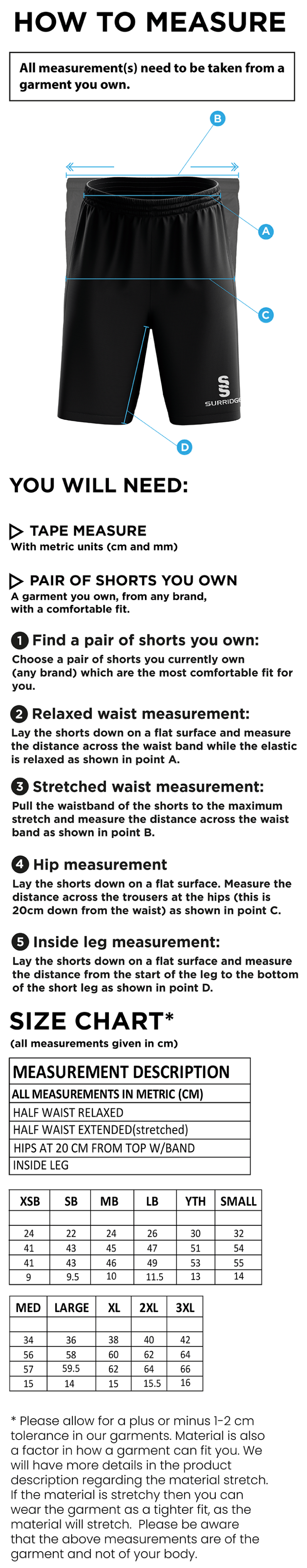 Kingswinford - Match Shorts - Size Guide