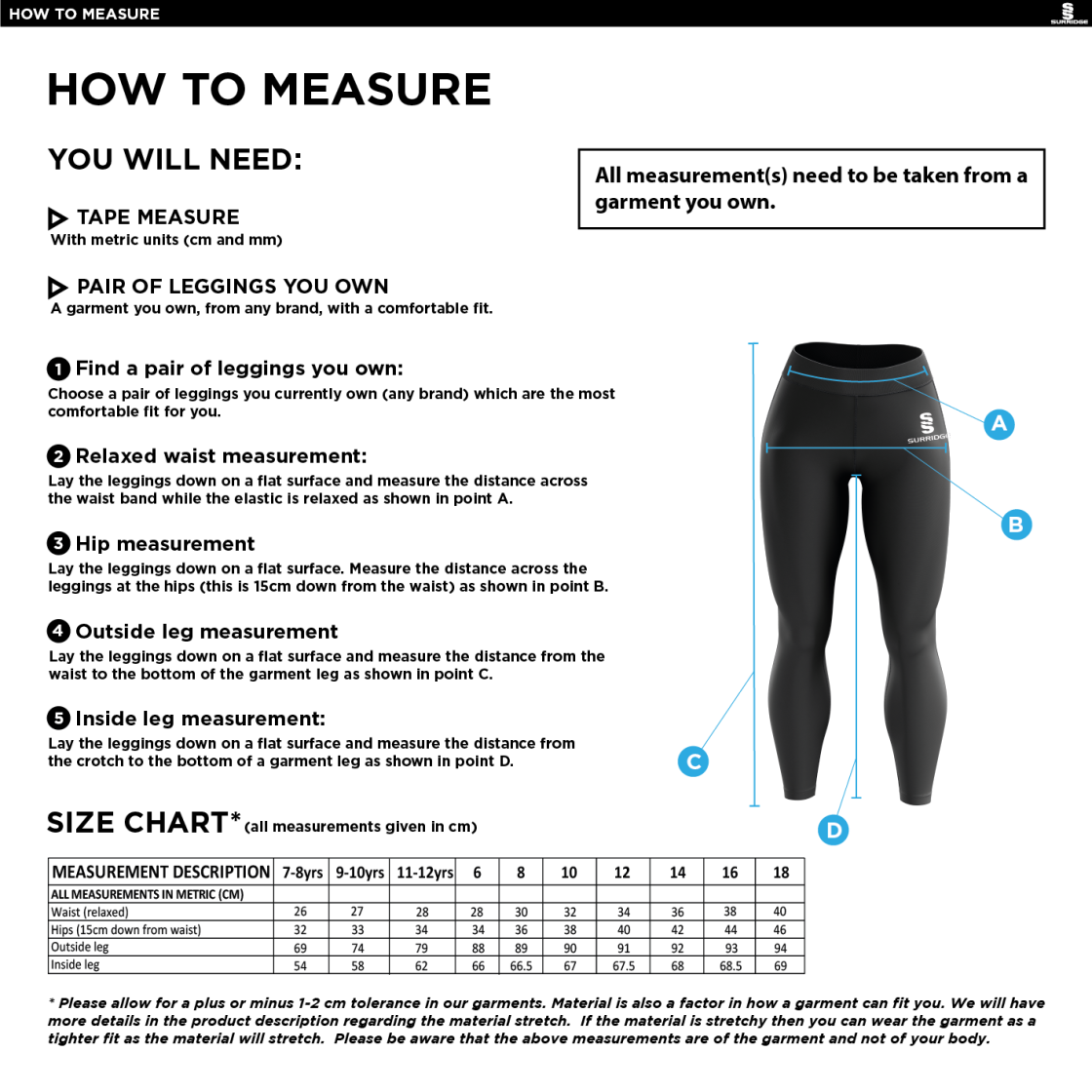 Kingswinford - Performance Full Length Leggings - Size Guide