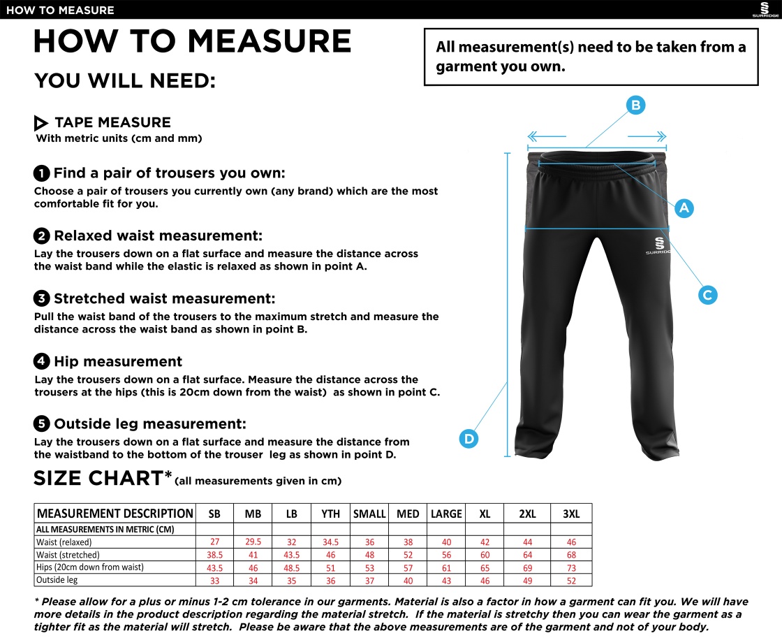 Kingswinford - Rip Stop Track Pant - Size Guide