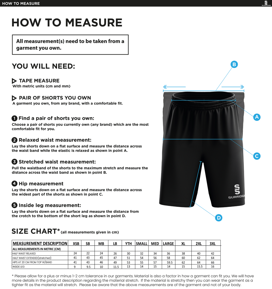 Kingswinford - Match Shorts - Size Guide