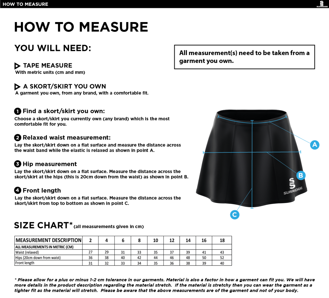 Kingswinford - Blade Skort :  Royal - Size Guide