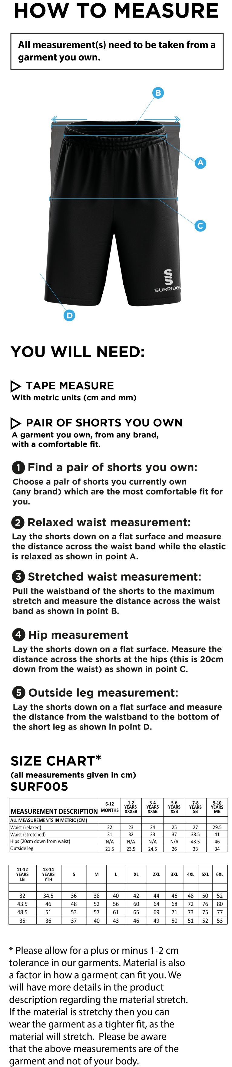 Kingswinford - Match Shorts - Size Guide