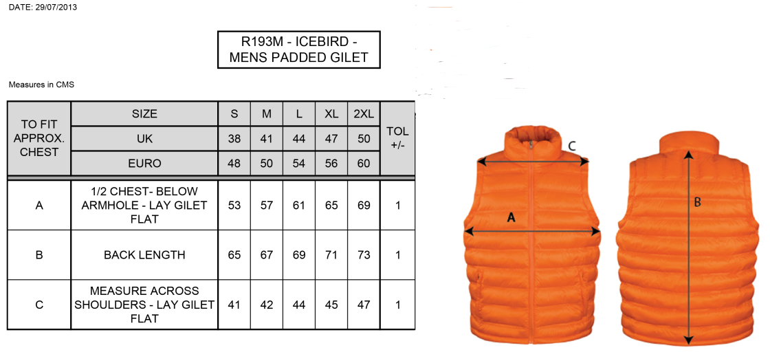 Kingswinford - Padded Gilet - Size Guide